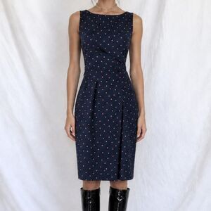 Vintage Y2K Navy Blue Polka Dot Knee Length Knit Bodycon Cocktail Dress Size M